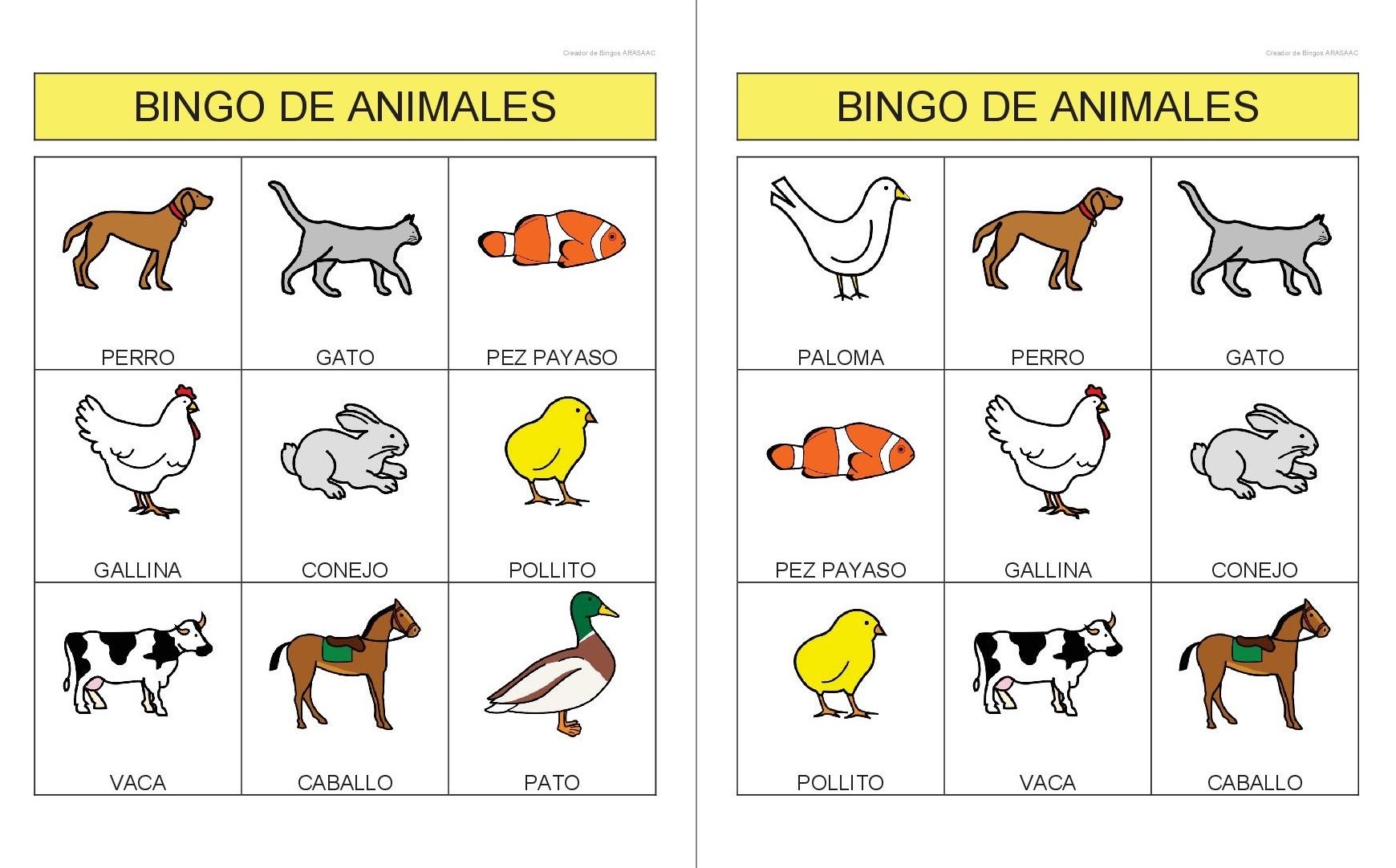 JUEGO/BINGO DE ANIMALES